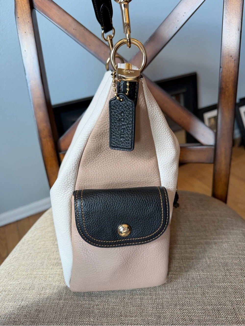 Coach Pennie Colorblock Leather Shoulder Bag in Cream, Brown and Black - Picture 3 of 7